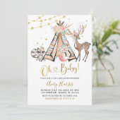 Boho Teepee Pink Floral Woodland Baby shower Invit Kaart (Staand voorkant)