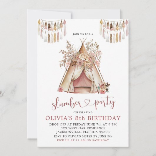 Boho Teepee Slumber Party Invitation Kaart (Voorkant)