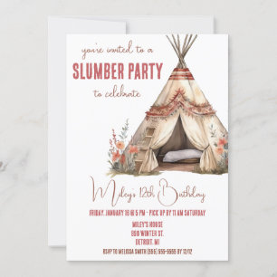 Boho TeePee Slumber Party, Sleepover, Verjaardag Kaart