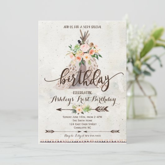 Boho TeePee verjaardagsuitnodiging, eerste verjaar Kaart (Staand voorkant)