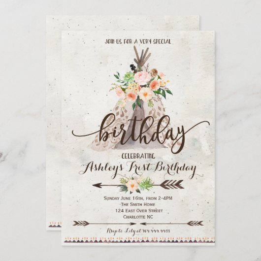 Boho TeePee verjaardagsuitnodiging, eerste verjaar Kaart (Voorkant / Achterkant)