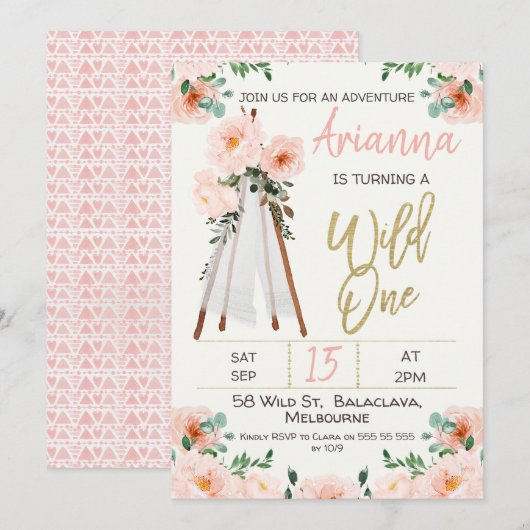Boho Teepee Wild One 1st Birthday Invitation Kaart (Voorkant / Achterkant)