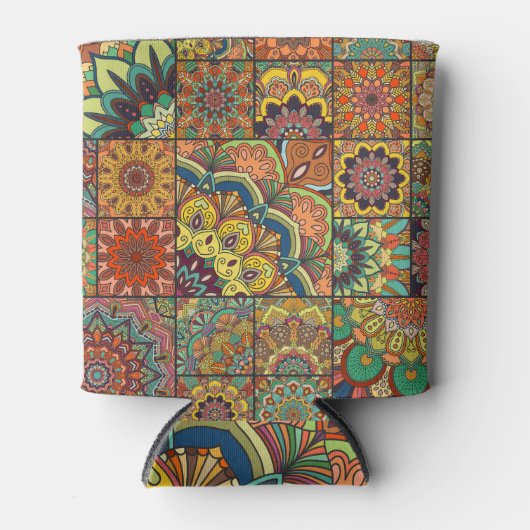 Boho tegels: kleurrijk patchwork naadloos patroon blikjeskoeler (Voorkant)