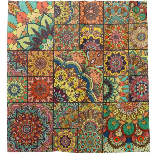 Boho tegels: kleurrijk patchwork naadloos patroon douchegordijn (Voorkant)