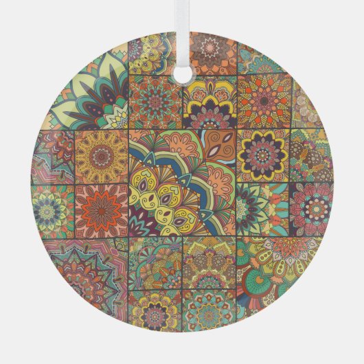 Boho tegels: kleurrijk patchwork naadloos patroon glas ornament (Voorkant)