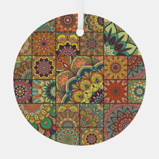 Boho tegels: kleurrijk patchwork naadloos patroon glas ornament (Achterkant)