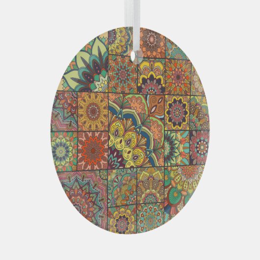 Boho tegels: kleurrijk patchwork naadloos patroon glas ornament (Voorkant Rechts)