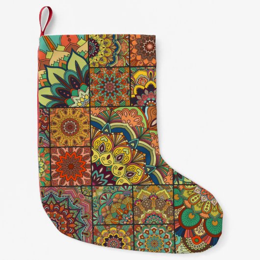Boho tegels: kleurrijk patchwork naadloos patroon kleine kerstsok (Voorkant)