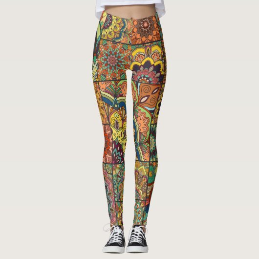 Boho tegels: kleurrijk patchwork naadloos patroon leggings (Voorkant)
