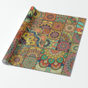 Boho tegelset en naadloos patroon. Kleurpleister Cadeaupapier