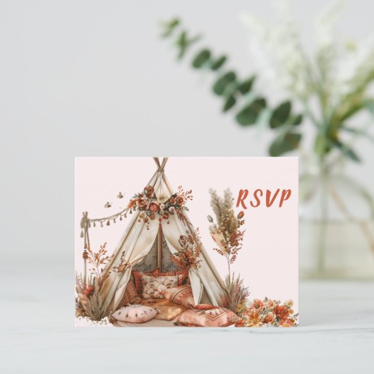 Boho Tent Feathers Wedding RSVP Briefkaart (Staand voorkant)