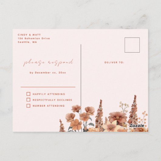 Boho Tent Feathers Wedding RSVP Briefkaart (Achterkant)