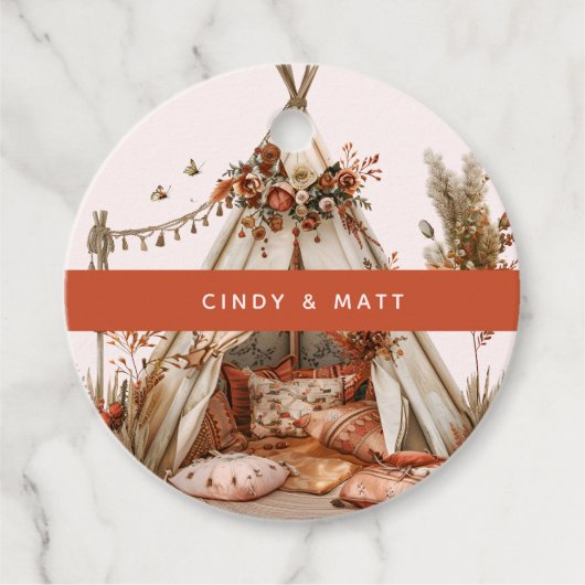 Boho-tent met bloemen en veren bruiloft bedankjes labels (Voorkant)