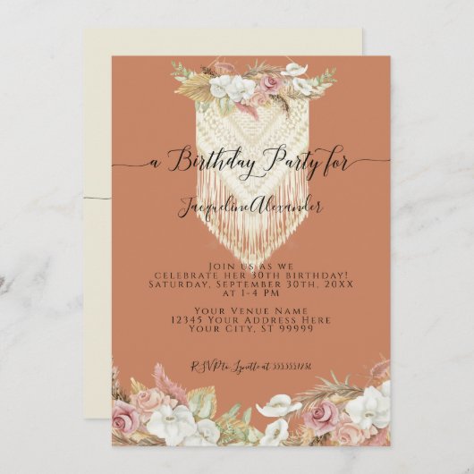 Boho Terra Cotta Tropical Floral Pampas Birthday Kaart (Voorkant / Achterkant)