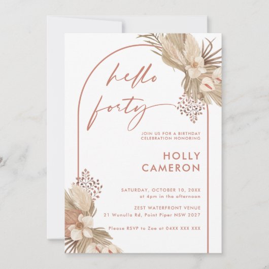 Boho Terracotta Arch Pampas Grass 40th Birthday Kaart (Voorkant)