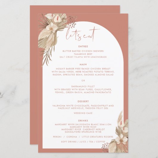 Boho Terracotta Arch Pampas Grass Menu (Voorkant / Achterkant)