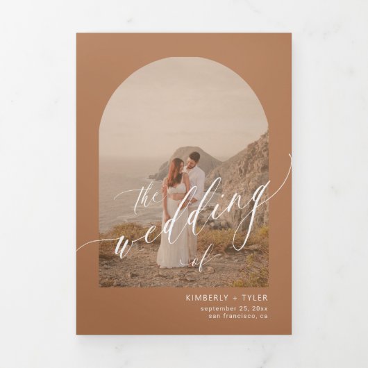 Boho terracotta arch photo QR code wedding Drieluik Uitnodiging (Cover)