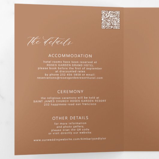 Boho terracotta arch photo QR code wedding Drieluik Uitnodiging (Binnenzijde eerst)