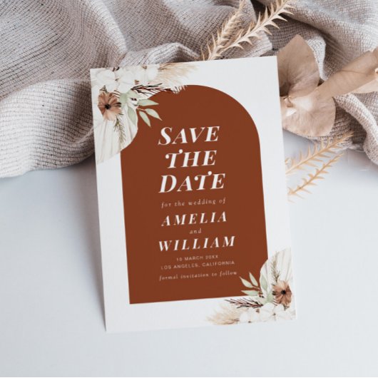 boho terracotta arch Save the Date