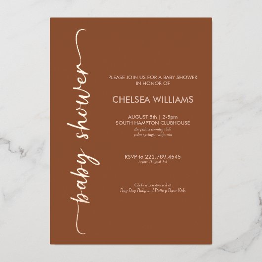 Boho Terracotta, Beige & Echte Folie Baby Shower Uitnodiging (Voorkant)