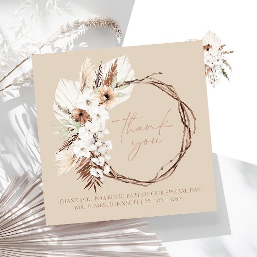 Boho Terracotta Beige Gedroogde Bloemenkrans Bruil Bedankkaart