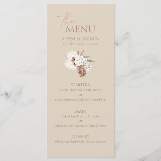 Boho Terracotta Beige Pampas Gras Bloemenbruiloft Menu (Voorkant)