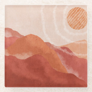Boho terracotta bergen, abstract poster. glazen onderzetter