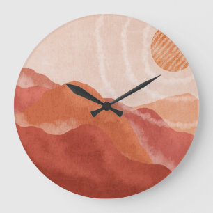 Boho terracotta bergen, abstract poster. grote klok