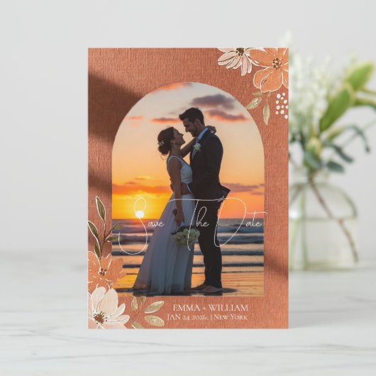 Boho Terracotta Bloem Boog Foto Save The Date (Staand voorkant)