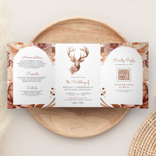 Boho Terracotta Bloem Herten QR Code Bruiloft Drieluik Uitnodiging