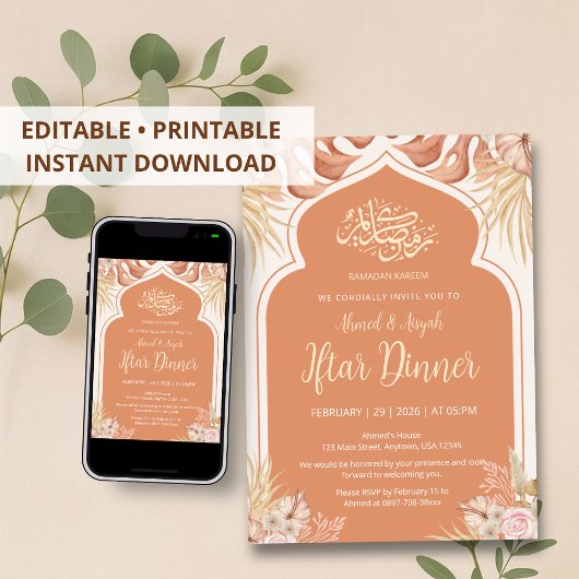 Boho Terracotta Bloem Islamitische Boog Iftar Dine Kaart