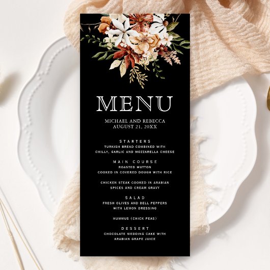 Boho Terracotta Bloem Wilde Bloem Zwarte Bruiloft Menu