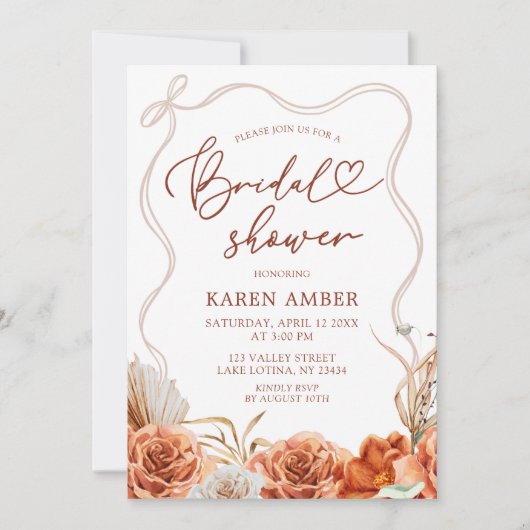 Boho Terracotta Bloemachtige Bruiloftsborrel Kaart (Voorkant)