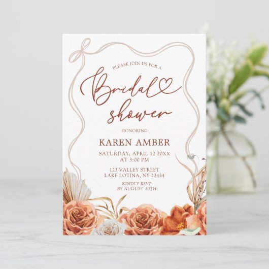 Boho Terracotta Bloemachtige Bruiloftsborrel Kaart (Staand voorkant)