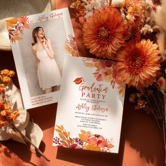 Boho Terracotta Bloemen Afstudeer Script Foto Kaart