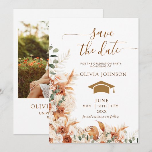 Boho Terracotta Bloemen Foto Afstudeer Save The Date (Voorkant / Achterkant)