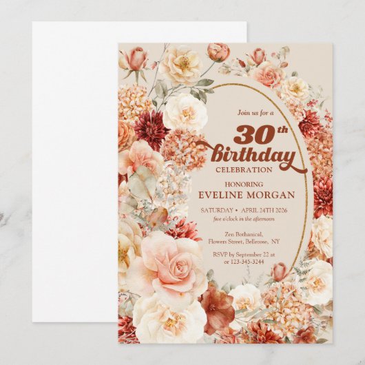 Boho terracotta bloemen groovy 30ste verjaardag kaart (Voorkant / Achterkant)