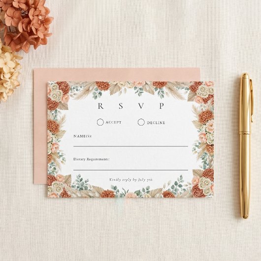 Boho Terracotta Bloemen Herfst Bruiloft RSVP Kaartje