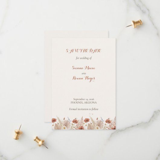Boho Terracotta Bloemen & Pampagras Save The Date (Voorkant / Achterkant in situ)