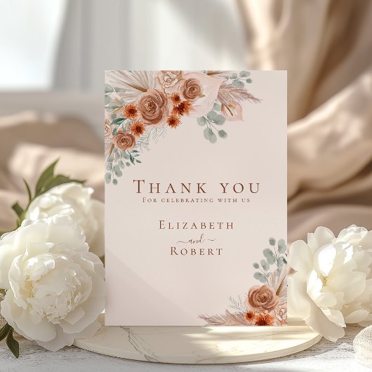 Boho Terracotta Bloemen Pampas Grass Bruiloft Bedankkaart