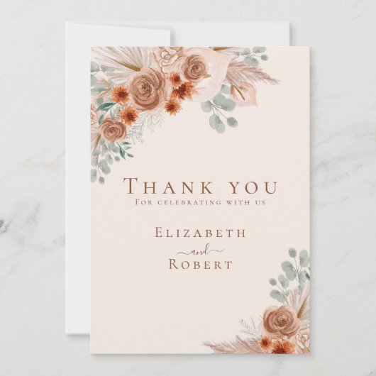 Boho Terracotta Bloemen Pampas Grass Bruiloft Bedankkaart (Voorkant)