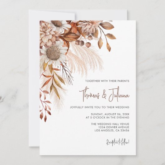 Boho Terracotta Bloemen Pampas Grass Bruiloft Kaart (Voorkant)