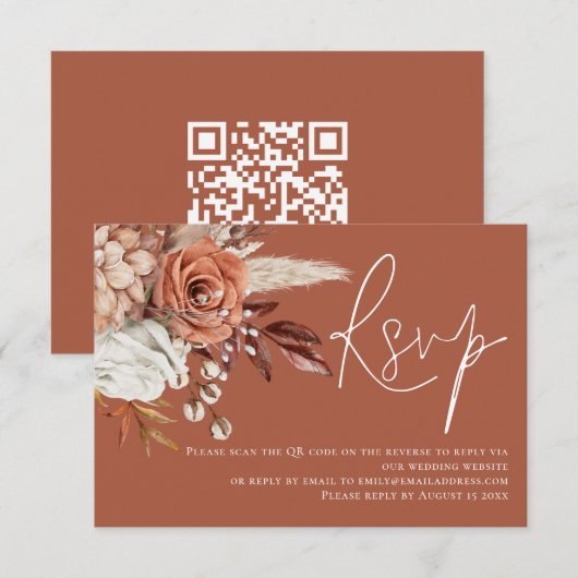 Boho Terracotta bloemen QR Code Trouwen RSVP Kaartje (Voorkant / Achterkant)