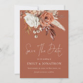 Boho Terracotta Bloemen QR Code Trouwroest Save The Date (Voorkant)