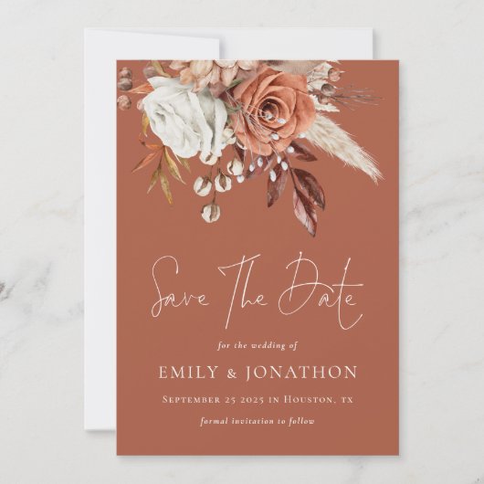 Boho Terracotta Bloemen QR Code Trouwroest Save The Date (Voorkant)