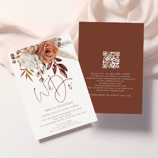 Boho Terracotta Bloemen Wij doen QR Code Huwelijk Kaart