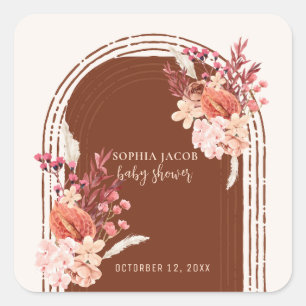 Boho Terracotta Bloemenboog Baby shower Vierkante Sticker