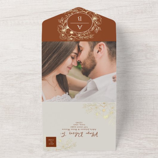 Boho Terracotta Bloemenbruiloft All In One Uitnodiging (Buitenkant)