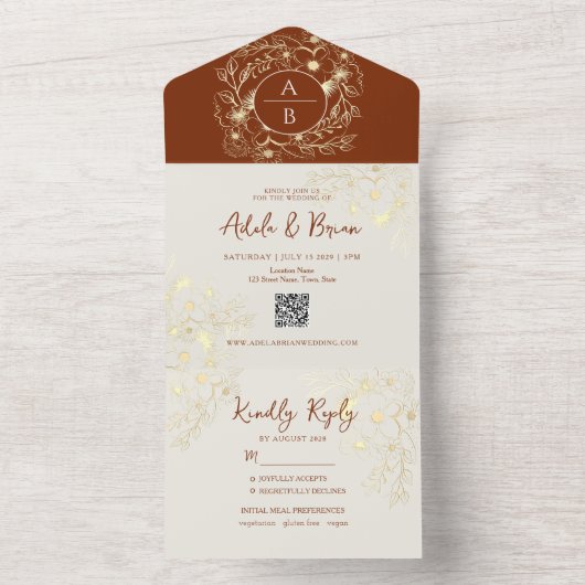 Boho Terracotta Bloemenbruiloft All In One Uitnodiging (Binnen)