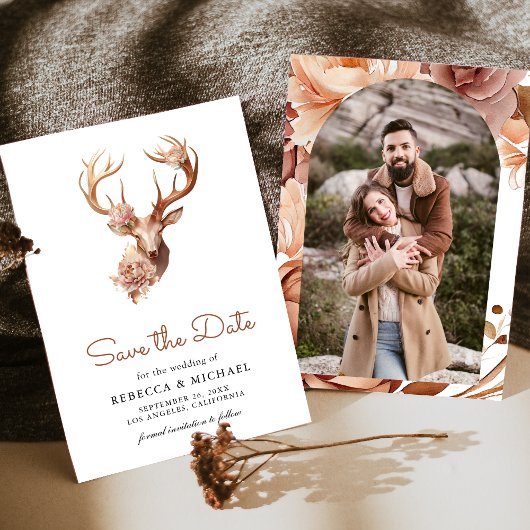 Boho Terracotta Bloemendecor Herten Bruiloftsfoto Save The Date
